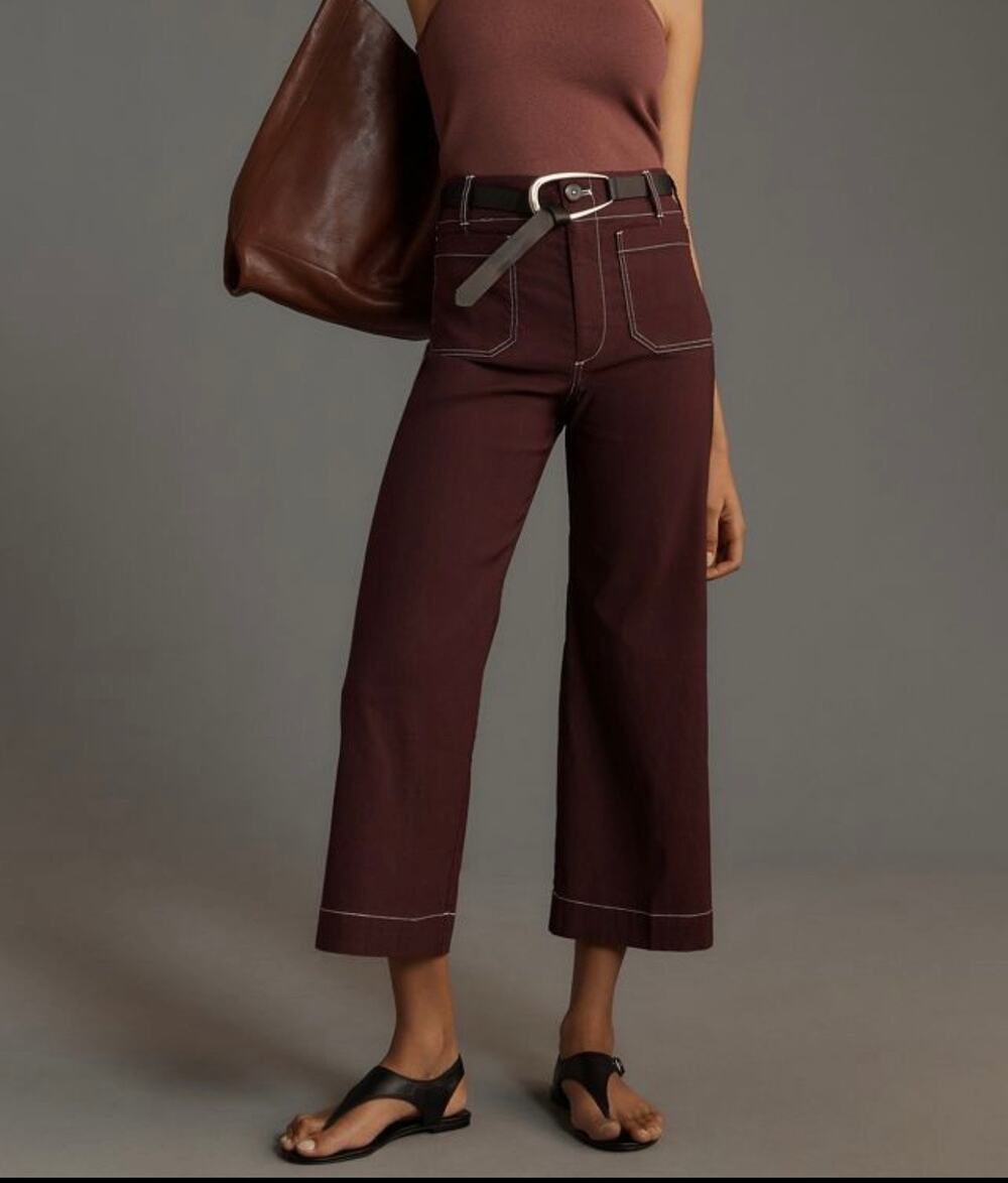 Anthropologie Maeve Colette Contrast Stitch Wide Leg Pants Brown 30